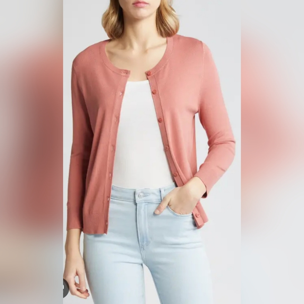 August Silk Knit Silk/Viscose Women's Cardigan Sweater XL Coral Pink